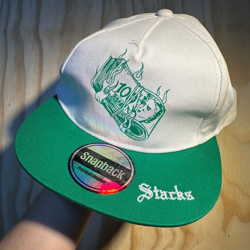 Stacks Men White Green Burning Money Graphic Snapback Hat One Size Flat Brim